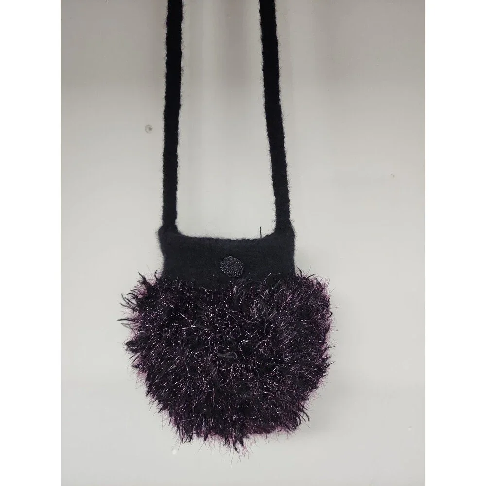 Artisan Handmade Black Felted Wool And Tinsel Yarn Evening Bag Round Drop Handle